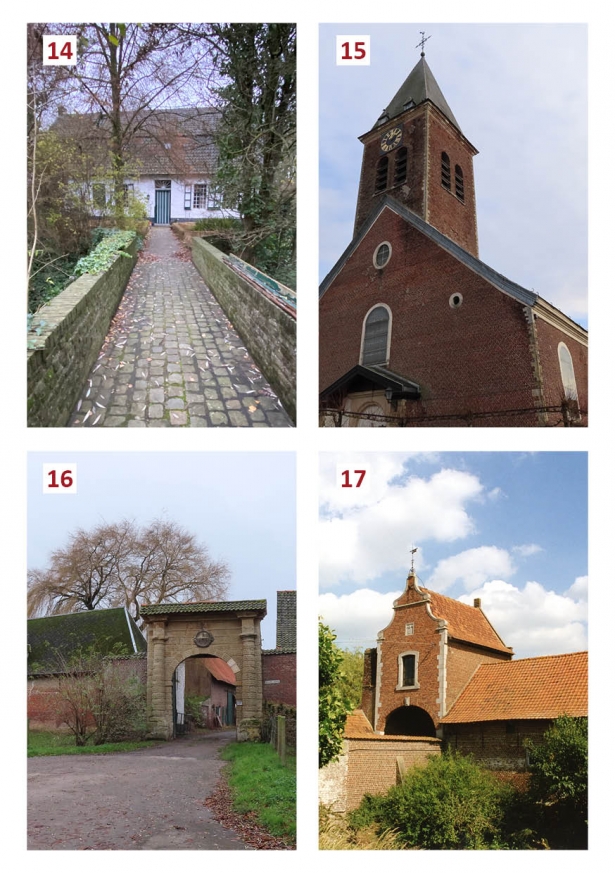 Een collage met foto's van de priesterage, de Sint-Amand en Sint-Annakerk, de kasteelhoeve en hoeve Diesvelt