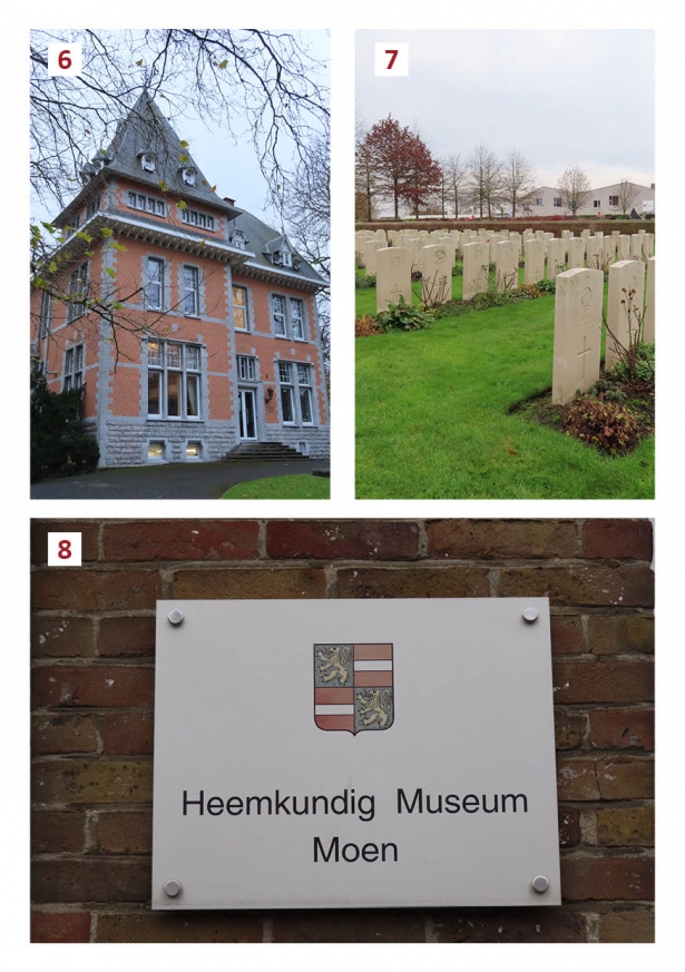 Een collage met foto's van het oud gemeentehuis, het militair kerkhof in Heestert en het heemkundig museum